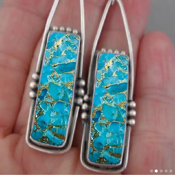 Silver and Blue Rectangular Dangle Earrings - Picture 2 of 3